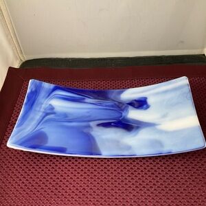 Blue and White fused glass platter or tray handmade swirl pattern decoration